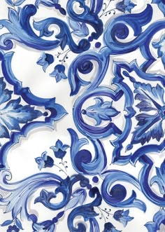 an artistic blue and white tile design with swirls on the bottom half of it