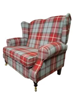 a red and white plaid chair with wheels