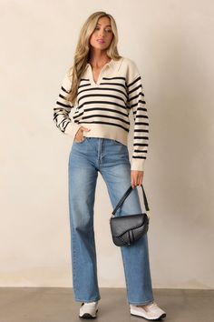 Get ready for some serious style points with the Got A Feeling Beige & Black Stripe Collared Sweater! This chic sweater features a classic stripe design. Perfect for any occasion, this sweater will have you feeling confident and stylish all day long. Don't miss out on this must-have addition to your wardrobe! This beige sweater features a v-neckline with a collar, classic black horizontal stripes, long sleeves, and a ribbed hem and cuffs.  50% Viscose, 28% Polyester & 22% Nylon  Unlined  Hand Wash Cold  Manufactured in China  Designed in The USA  Model is wearing a size small/medium  Model is 5'8" Sweaters Tied Around Shoulders, Beige Collared Sweater Outfit, Beige Striped Sweater Outfit, Collared Sweater Outfit, Collar Outfits, Striped Sweater Outfit, White Sweater Outfit, Striped Knitted Sweater, Collared Sweater