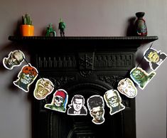 a fireplace with some stickers on it next to potted plants and other decorations