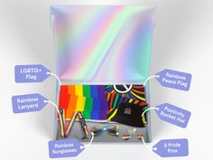 the contents of a rainbow - themed box are labeled