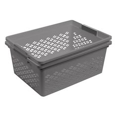 a grey plastic laundry basket with holes on the bottom and sides, shown from the front