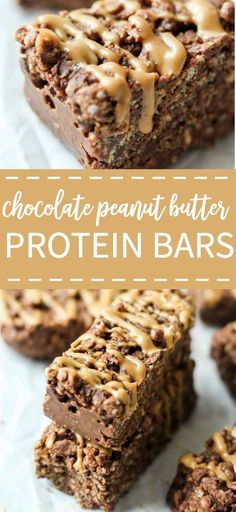 vegan gluten - free chocolate peanut butter protein bars are stacked on top of each other