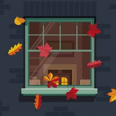 an autumn window with leaves falling from it