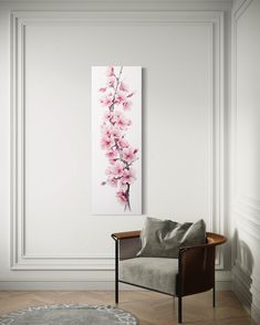 Tall artwork - Introducing our Long Vertical Wall Art - Cherry Blossom Painting Printed On Canvas. This exquisite piece brings the beauty of cherry blossoms right into your home. The delicate pink blossoms against a serene background create a sense of tranquility and elegance, making it a perfect addition to any modern rustic home decor. Available in both framed and unframed options, this wall art is ready to hang, allowing you to effortlessly elevate the ambiance of your living space. The high-quality canvas print ensures vivid colors and crisp details, capturing the essence of the cherry blossom season. Whether placed in your living room, bedroom, or office, this cherry blossom wall art will create a serene and captivating focal point.  MEASURE YOUR SPACE! Measure your space well! Ask fo Long Paintings Vertical, Long Paintings Vertical Easy, Cherry Blossom Chinese Painting, Pink Cherry Blossom Painting, Cherry Blossom Wall Art Bedrooms, Cherry Blossom Wall Art, Cherry Blossom Painting, Vertical Wall Art, Modern Rustic Decor