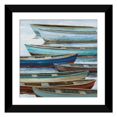 a painting of several boats in the water with one boat on it's side