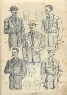 1940s men's sporty bush jackets Menswear Illustration, 1940s Clothing, 1940 Fashion, 1940s Costume, 40's Fashion, 1940's Fashion, Western Civilization