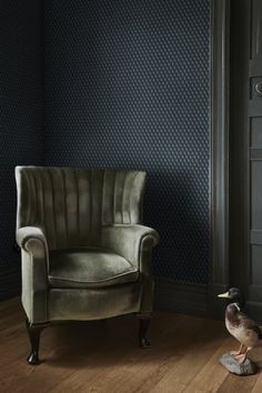 a bird standing next to a chair in a room with blue walls and wooden floors