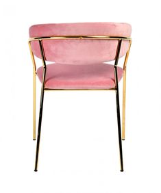 a pink chair with black legs and a gold frame on the back, against a white background