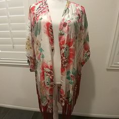 Excellent Condition! Was Dry Cleaned, Fringe Kimono Cardigan Fringe Kimono, Kimono Cardigan, Johnny Was, Pink Red, Tunics, Lady In Red, Tunic Tops, Womens Tops, Red