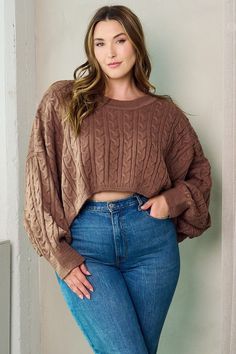 Elevate your plus size style with our Plus Don't Sell Yourself Short Cropped Sweater! Made with cozy 100% Acrylic, this cable knit bubble long-sleeve top is the perfect addition to your wardrobe. Stay warm and stylish in this brown cropped sweater and never sell yourself short again. Big Size Dress Mothers, Big Size Dress Casual, Women Western Outfits, Cute Plus Size Outfits, Plus Size Western, Sweaters Plus Size, Plus Size Elegant Dresses, Clothes Plus Size, Big Size Dress