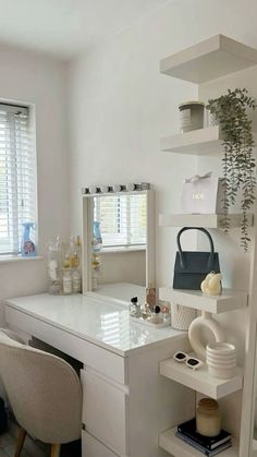 a white desk and chair in a room