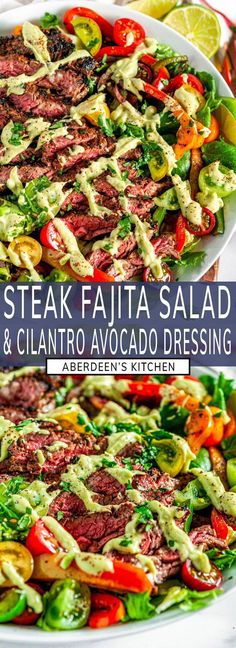 steak fajita salad and cilantro avocado dressing on a platter