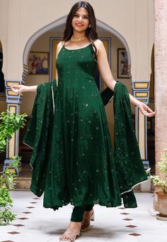 Faux Crepe Anarkali Kameez in Dark Green. This Readymade Sleeveless attire with Shantoon Lining is Enhanced with Resham and Sequins Work, Along with Gota Lace Work on Dupatta .Crafted in Round Neck. Available with a Shantoon Churidar in Dark Green and a Faux Crepe in Dark GreenThe Kameez and Bottom Lengths are 50 and 45 inches respectively. We sell all kinds of salwar kameez sets for women Georgette Salwar Kameez | Crepe Salwar Kameez | Art Silk Salwar Kameez | Velvet Salwar Kameez | Chiffon Sal Crepe Dress Indian, Anarkali Suits For Plus Size Women, Black Indian Dress Anarkali, Salwar Suit Outfits For Women, Dark Green Punjabi Suit, A Line Salwar Suits, Anarkali Sets For Women, Dark Green Anarkali Dress, Chiffon Suits Indian