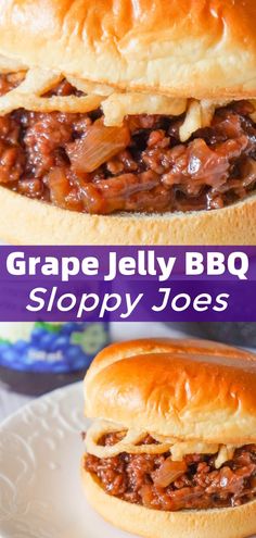 two pictures of sloppy joes with the words grape jelly bbq sloppy joes