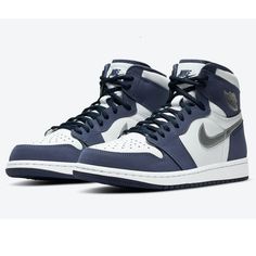 Air Jordan 1 High Og Co.Jp ‘Midnight Navy’ Never Mess With A Classic. Keep Heritage On Your Feet With A White-On-White Look That Will Never Go Out Of Style. Stitched-Down Swoosh Logo Wings Logo On The Collar Shown: White/White/Navy Blue Brand New With Box. Size Us 8 ,Euro 41, Uk 7, Cm 26 Midnight Blue Shoes, Jordans Dark Blue, Navy Blue Wishlist, Dark Blue Jordans, Navy Blue Jordans, Navy Jordans, Blue And White Jordans, Jordans Aesthetic, Logo Wings