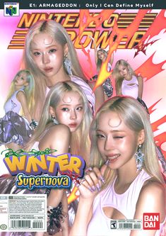 an advertisement for the nintendo game winter supernova, featuring two girls in white dresses