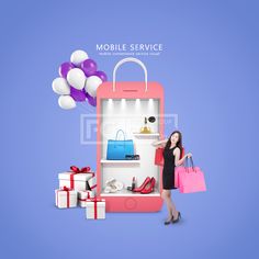 the woman is holding shopping bags and standing in front of an open refrigerator with balloons