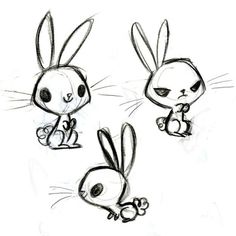 three cartoon rabbits sitting next to each other on top of a white sheet with black ink