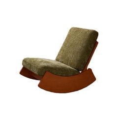 the rocking chair is made out of wood and has green upholstered fabric on it