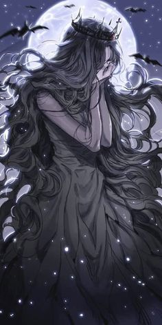 a woman with long hair and a crown on her head standing in front of a full moon