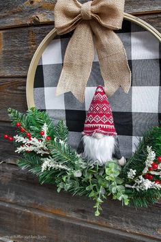 A Fabulous Collection of DIY Farmhouse Christmas Wreaths - The Cottage Market Gnome Wreath Diy, Gnome Wreaths, Thrifty Christmas, Tile Ornaments, Christmas Wreaths For Windows, Circle Signs, Couronne Diy, Fun Embroidery, Gnome Wreath