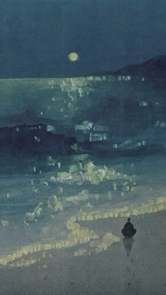 a painting of the ocean at night time