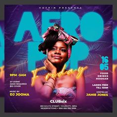 the flyer for afro friday with a woman wearing a pink headband and palm leaves