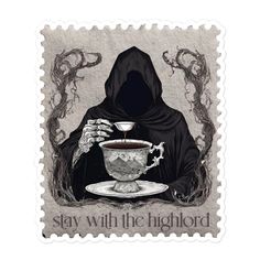 a stamp with a drawing of a person holding a cup of coffee in their hand