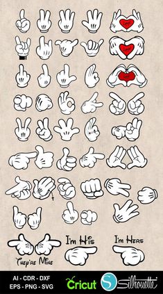 the hand gestures are drawn in different styles and sizes, including one for each finger