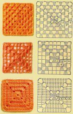 four square crocheted squares with the same pattern on each side, and three smaller squares