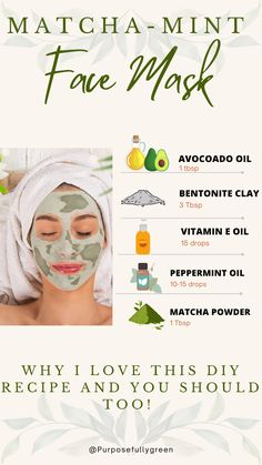 Diy Clay Face Mask Recipes, Matcha Face Mask Diy, Peppermint Aesthetic, Clay Face Mask Diy, Clay Face Mask Recipe, Diy Clay Face, Esthetic Business, Face Mask Benefits, Masks For Dry Skin