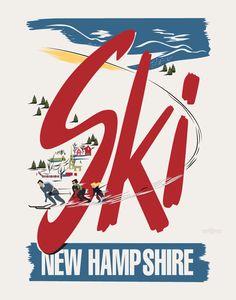 Ski New Hampshire Magnet Old Skis, Printed Magnets, Retro Ski, Ski Posters, Print Greeting Cards