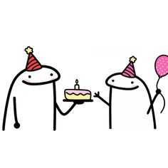 two cartoon figures holding a cake and balloons