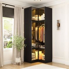 an open closet with clothes hanging on the doors and shelves in front of a window