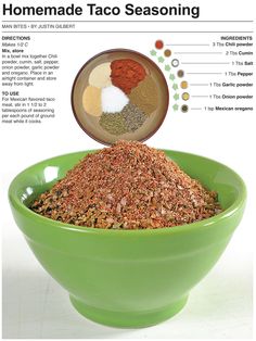 a green bowl filled with spices and seasoning ingredients to make homemade taco seasoning