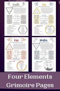 These Four Element Grimoire pages provide a wonderful overview of each element; earth, air, fire, and water. Including key words, correspondences, types of rituals and ways to connect for each. A perfectly pretty and oh so useful addition to your Grimoire or Book of Shadows. Click through for full details and to purchase. #fourelements #elementalmagick #grimoire #bookofshadows #witchlife Book Of Shadows Elements Page, Grounding Grimoire Page, Grimoire Printables, Witch Printables, Witches Grimoire, Grimoire Ideas, Witchcraft Quotes, Book Of Shadows Pages, Grimoire Pages