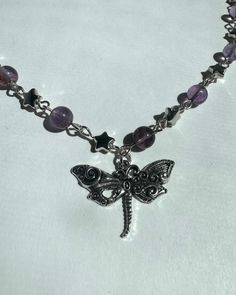 Handmade Beaded Necklace, Choker, 6 mm Amethyst Necklace, 6 mm Silver Star Beads, .98" x 1.38" Dragonfly Charm, Gift for Friends & Loved Ones Purple Star-shaped Beaded Jewelry, Digital Wardrobe, Beaded Dragonfly, Kandi Ideas, Star Beads, Necklace Charms, Dragonfly Charm, Dragonfly Necklace, Doll Jewelry