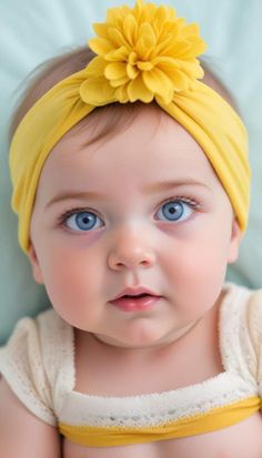 a baby wearing a yellow headband with a flower on it's forehead and looking at the camera