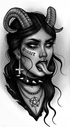 a drawing of a woman with horns and piercings on her face, in black and white