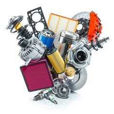 an assortment of different types of engine parts on a white background with clippings