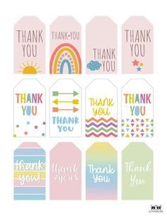 thank you gift tags with rainbows, clouds and stars in pastel colors on them