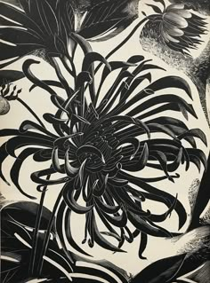 black and white drawing of flowers in the middle of an abstract pattern with leaves on it