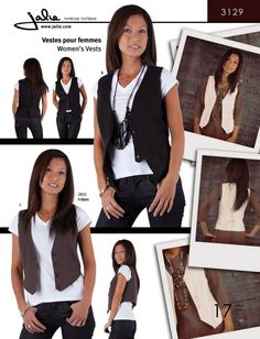 the woman is wearing a vest and posing in front of her own photo collage