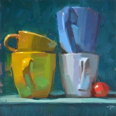 a painting of two cups and an apple