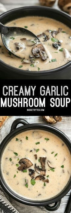 creamy garlic mushroom soup in a cast iron skillet