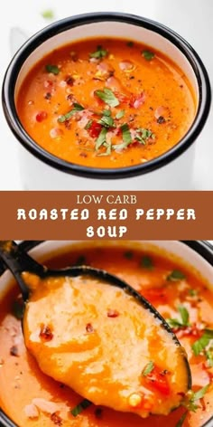 two bowls of roasted red pepper soup, one with a spoon in it and the other with