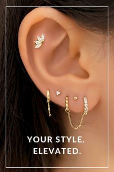 a woman wearing three different ear piercings with the words your style written on it