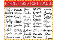 the hand lettered font bundle is shown in red, yellow and white with black lettering