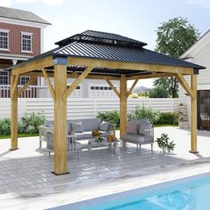 a gazebo sitting next to a swimming pool